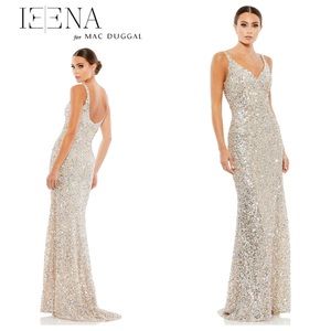 IEENA for Mac Duggal Sequined Iridescent Metallic Gown